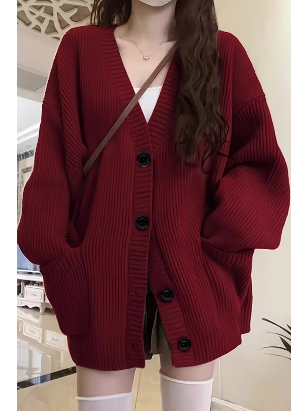 Kadın Bordo Oversize Cepli Düğmeli V Yaka Triko Hırka