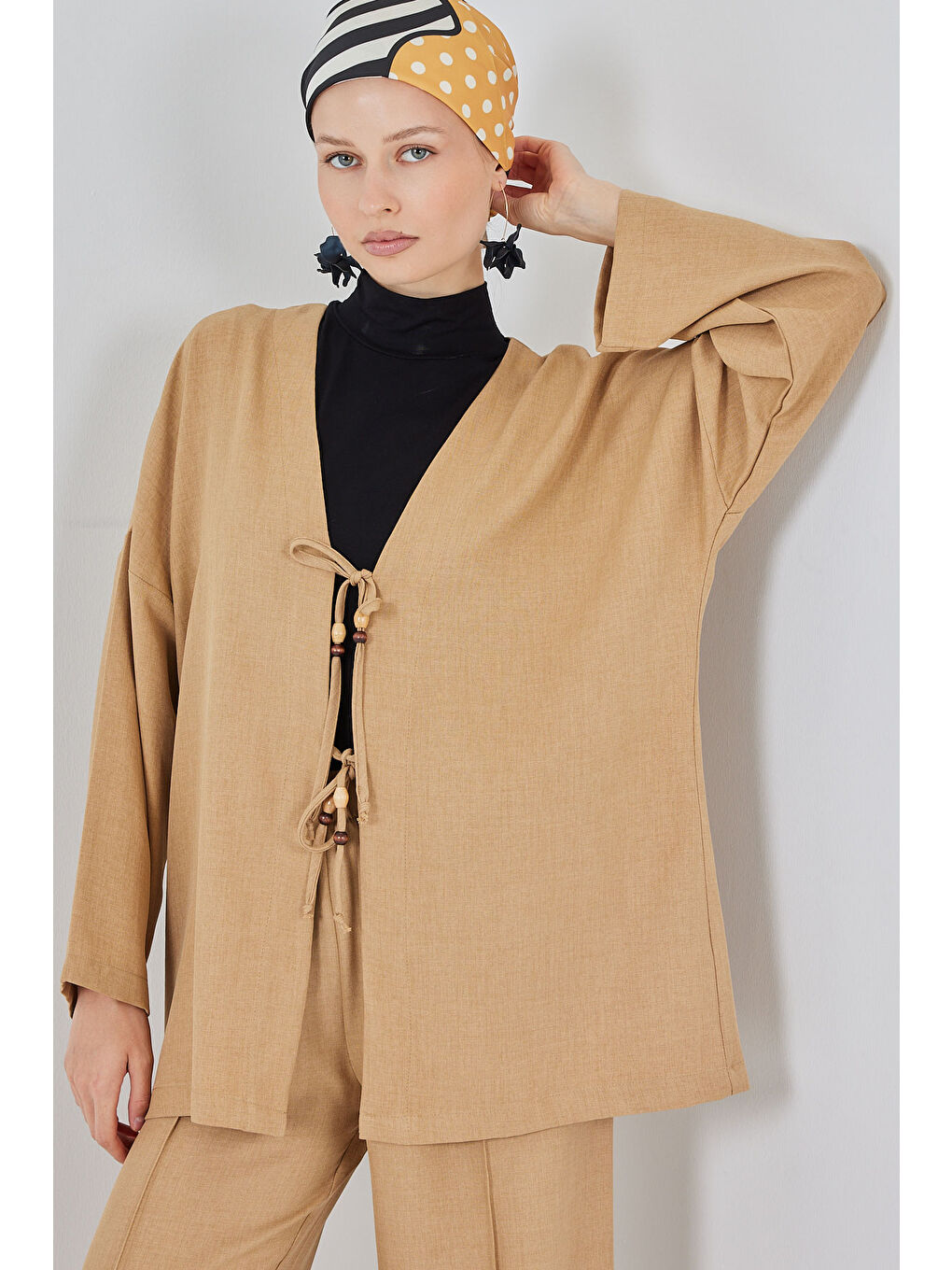 Bej Kadın Keten Kimono İkili Takım 6727 - Bisküvi-1