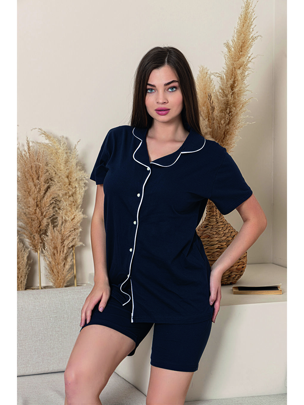 Lacivert Kadın %100 Organik Pamuk Doğal Gömlek Yaka Düğmeli Kısa Kollu Biyeli Şortlu Pijama Takımı