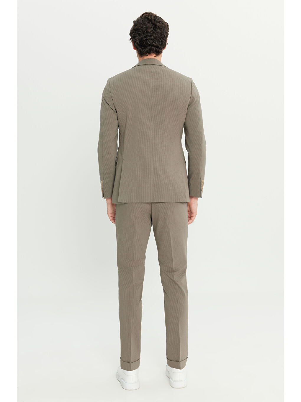 Bej Erkek Vizon Pamuklu Slim Fit Dar Kesim Kırlangıç Yaka Kapak Cepli Çizgili Esnek Takım Elbise-6