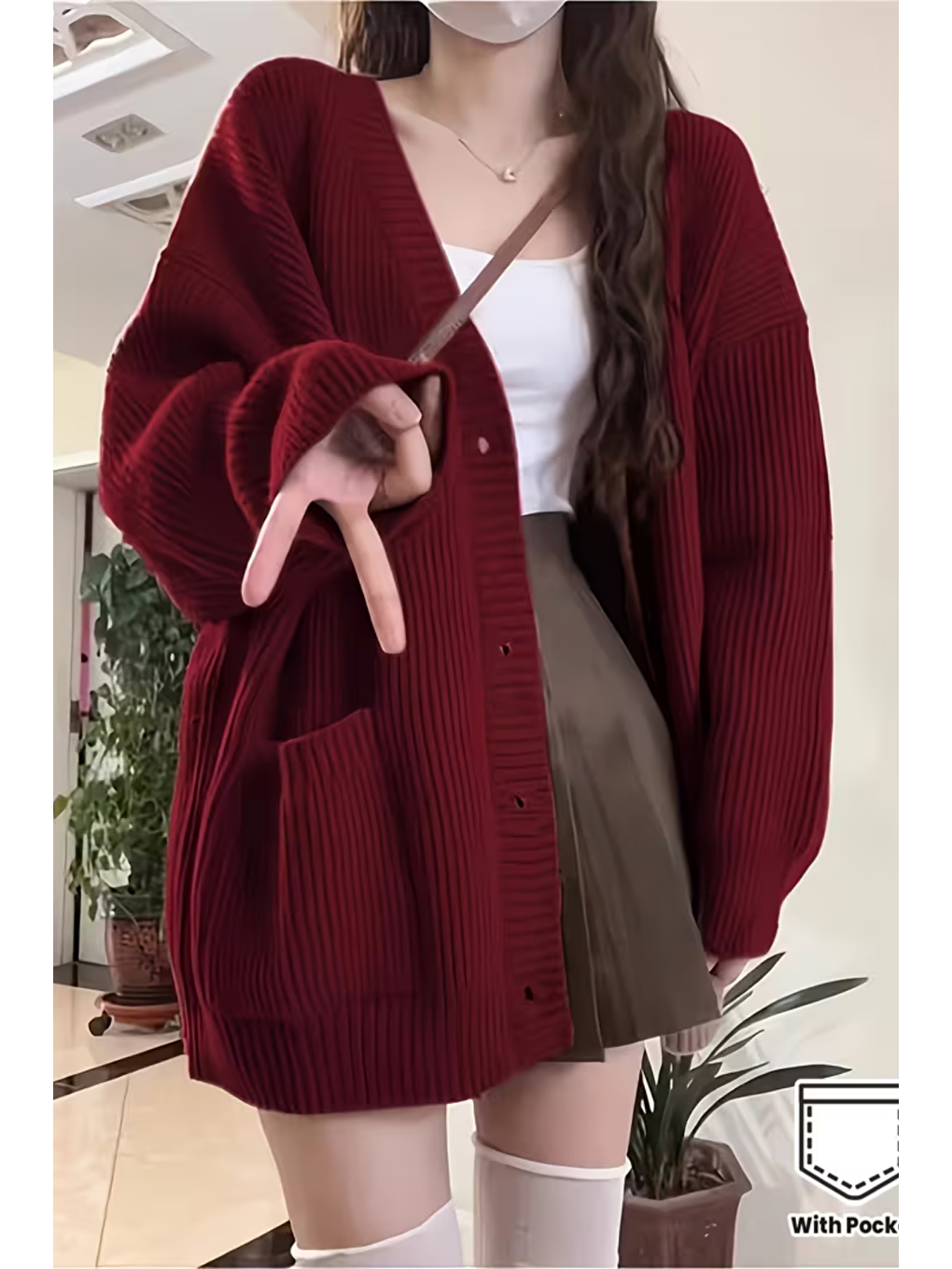 Kadın Bordo Oversize Cepli Düğmeli V Yaka Triko Hırka-1