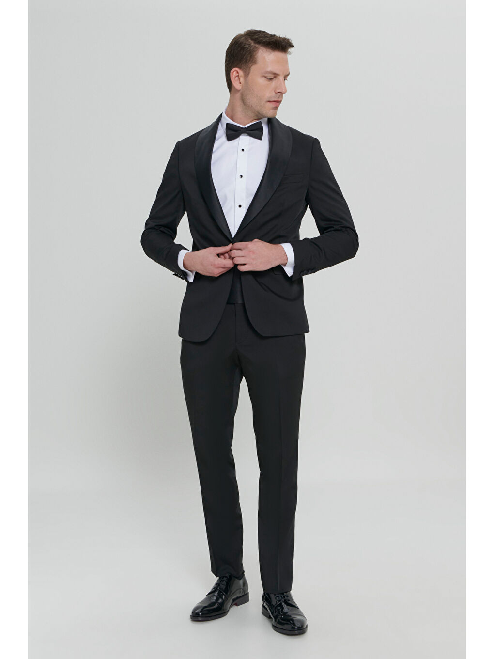 Erkek Siyah Slim Fit Dar Kesim Şal Yaka Armürlü Smokin Takım-7