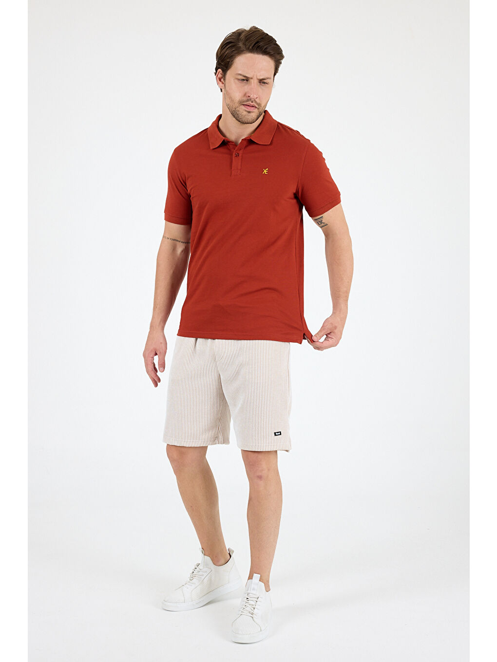 Kahverengi Polo Yaka Kısa Kollu Pike Erkek Tişört-1