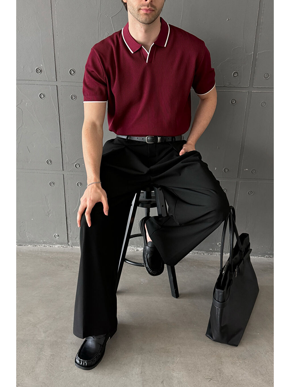 Bordo Erkek Oversize Selanik Polo Yaka Triko T-Shirt-1