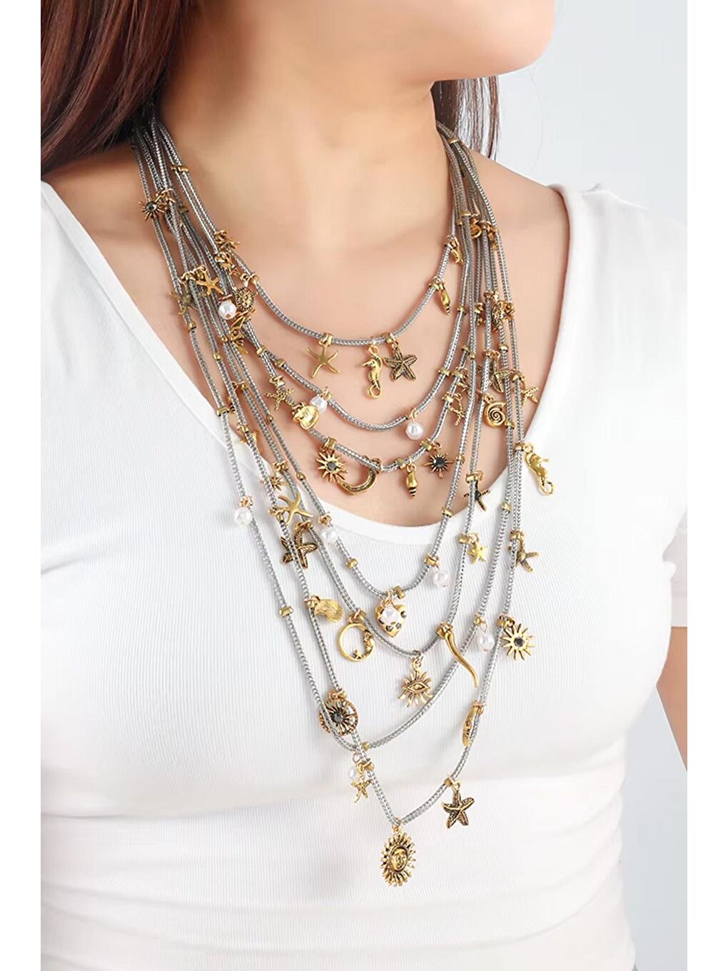 Gri Metal Deniz Temalı Çoklu Kolye - Gümüş-1