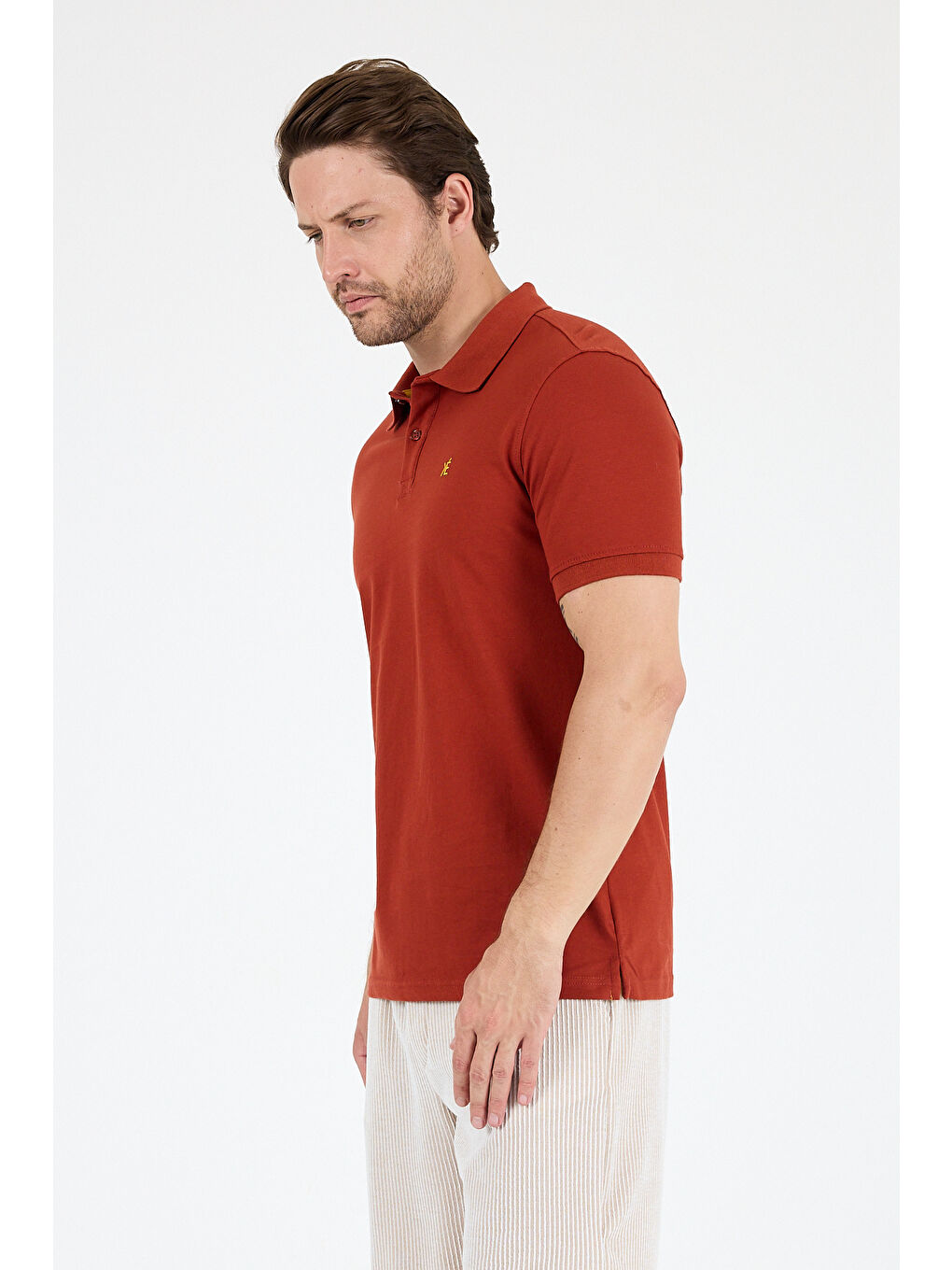 Kahverengi Polo Yaka Kısa Kollu Pike Erkek Tişört-2