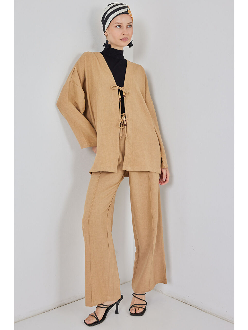 Bej Kadın Keten Kimono İkili Takım 6727 - Bisküvi-2