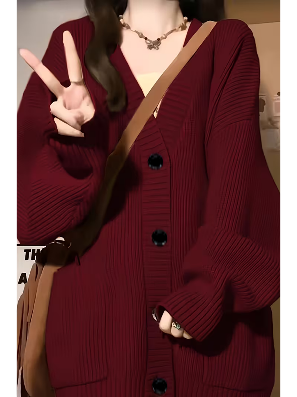 Kadın Bordo Oversize Cepli Düğmeli V Yaka Triko Hırka-2