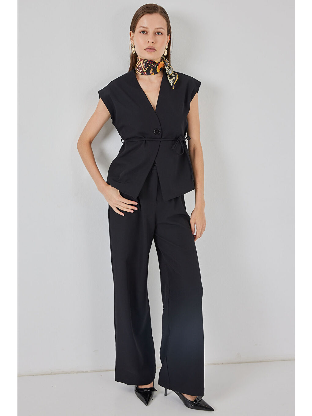 Kadın Yelek Pantolon Kumaş Takım 30050 - Siyah-2