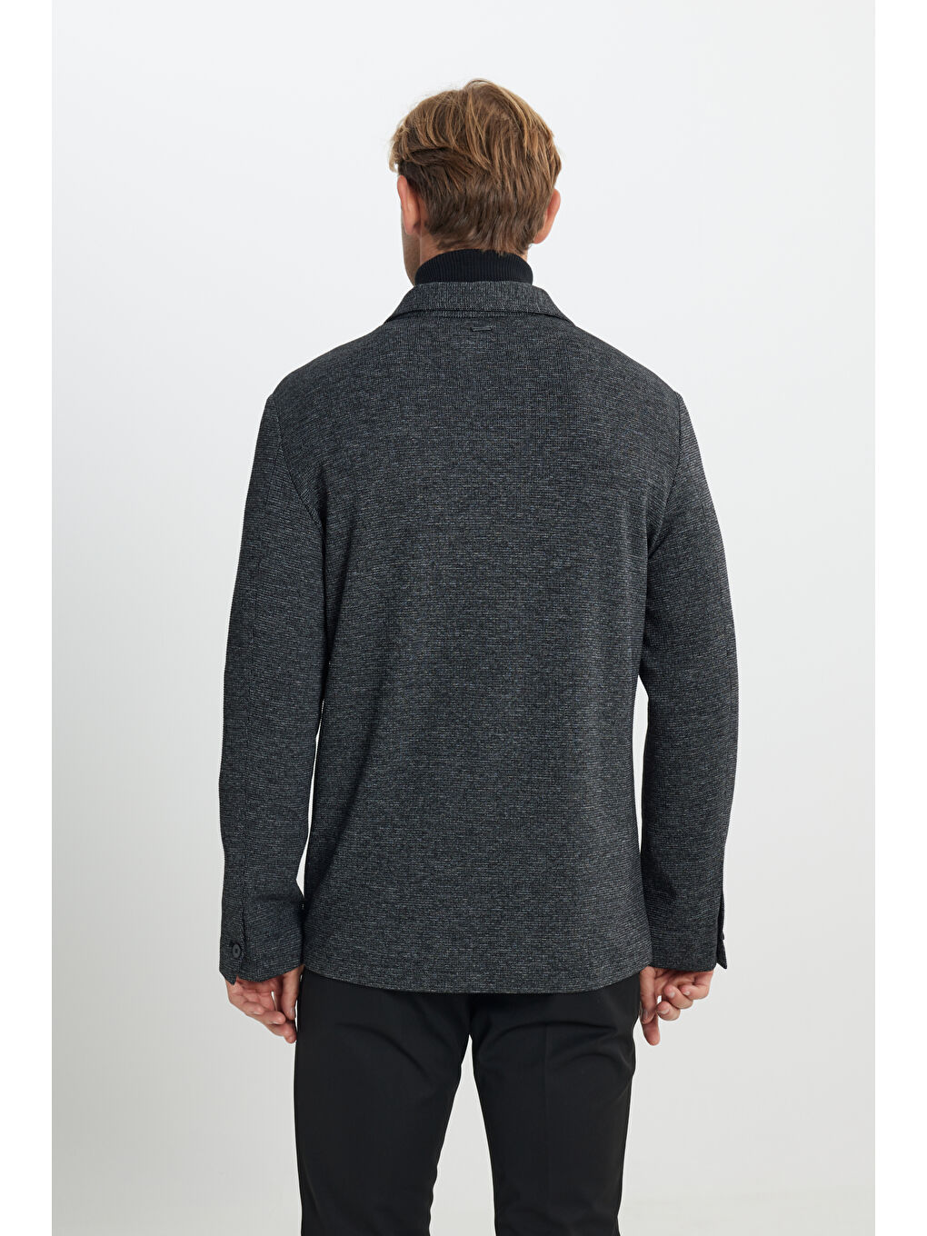 Erkek Siyah Comfort Fit Rahat Kesim Gömlek Yaka Desenli Torba Cepli Ceket-7