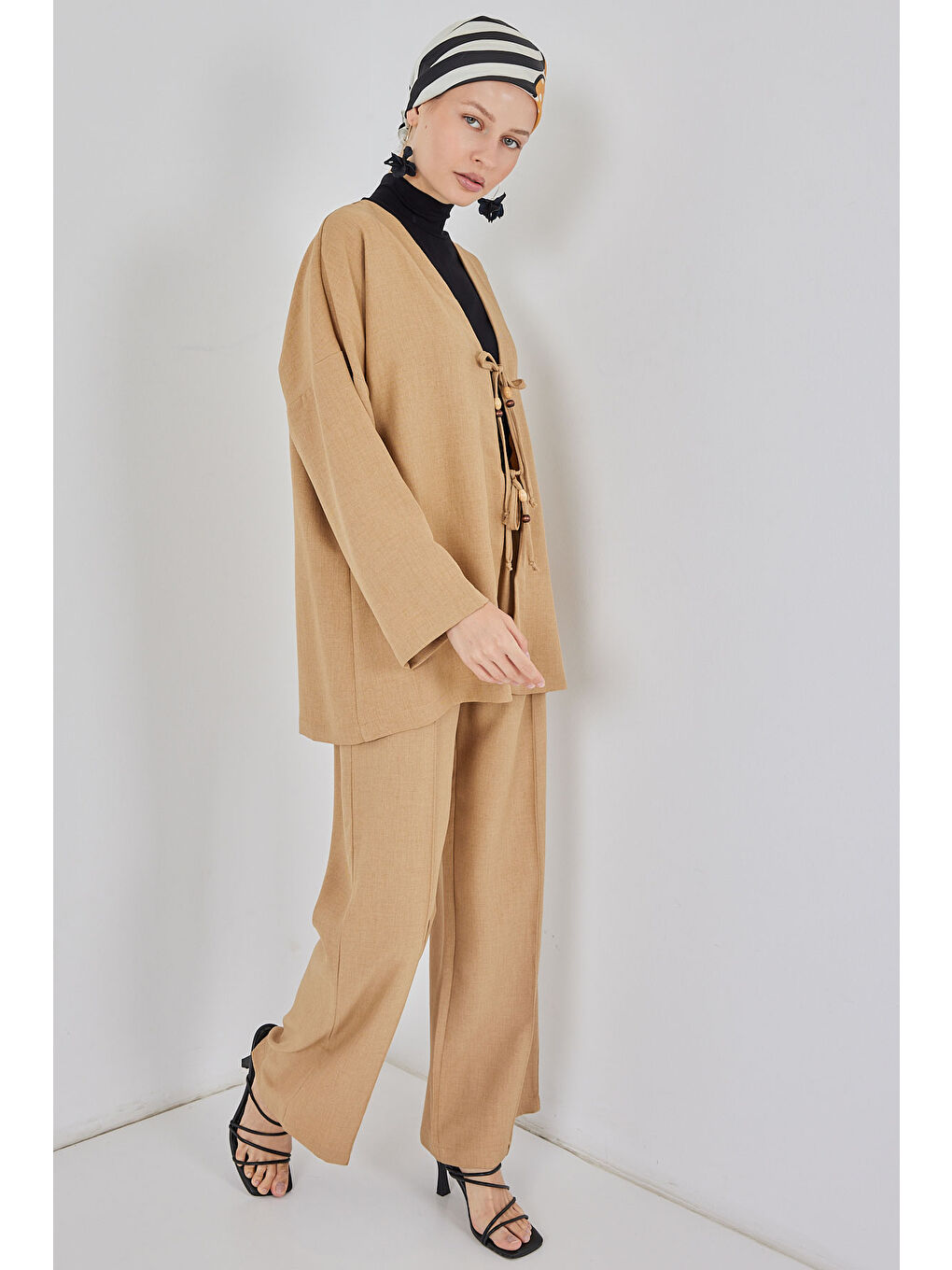 Bej Kadın Keten Kimono İkili Takım 6727 - Bisküvi-3