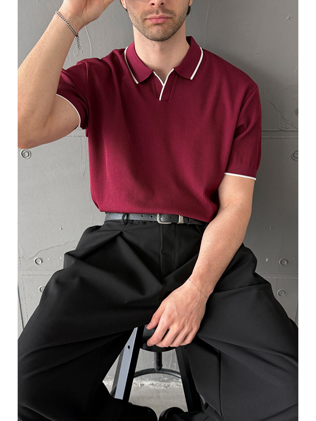 Bordo Erkek Oversize Selanik Polo Yaka Triko T-Shirt-2
