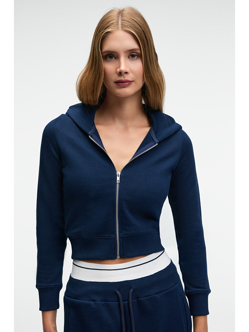 Cosıma Kadın Metal Fermuarlı Kapüşonlu Crop Lacivert Sweatshirt