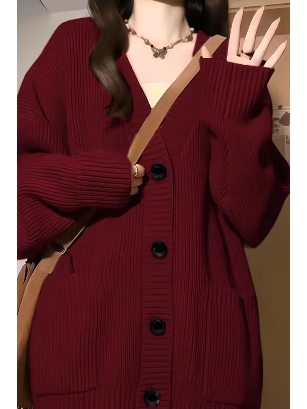 Kadın Bordo Oversize Cepli Düğmeli V Yaka Triko Hırka-4