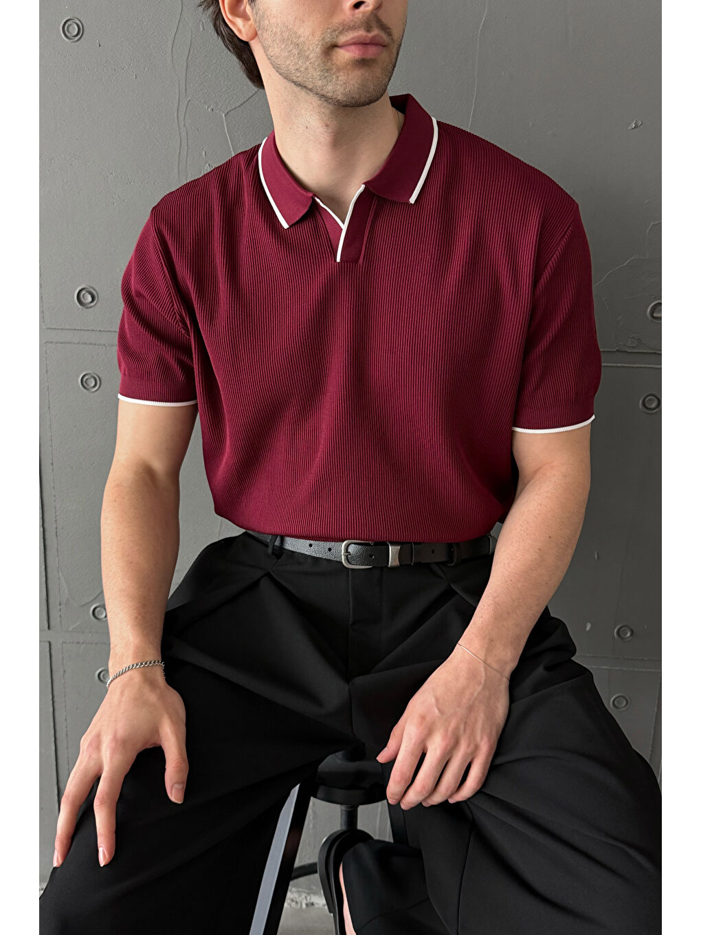 Bordo Erkek Oversize Selanik Polo Yaka Triko T-Shirt-3