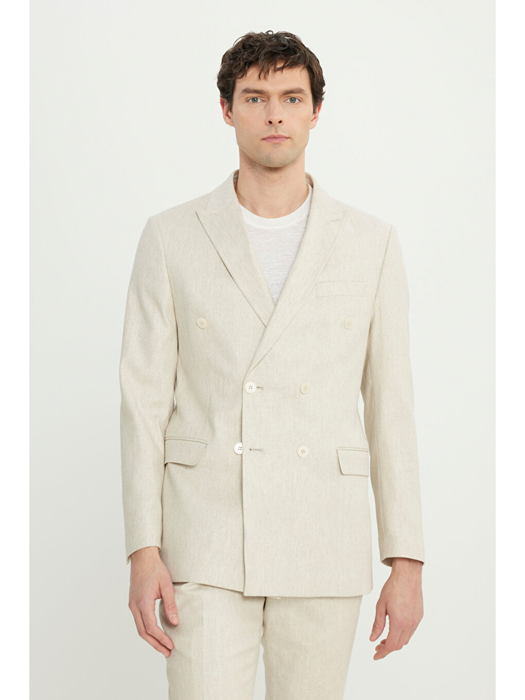 Erkek Bej Keten Slim Fit Dar Kesim Kırlangıç Yaka Desenli Torba Cepli Kruvaze Takım Elbise