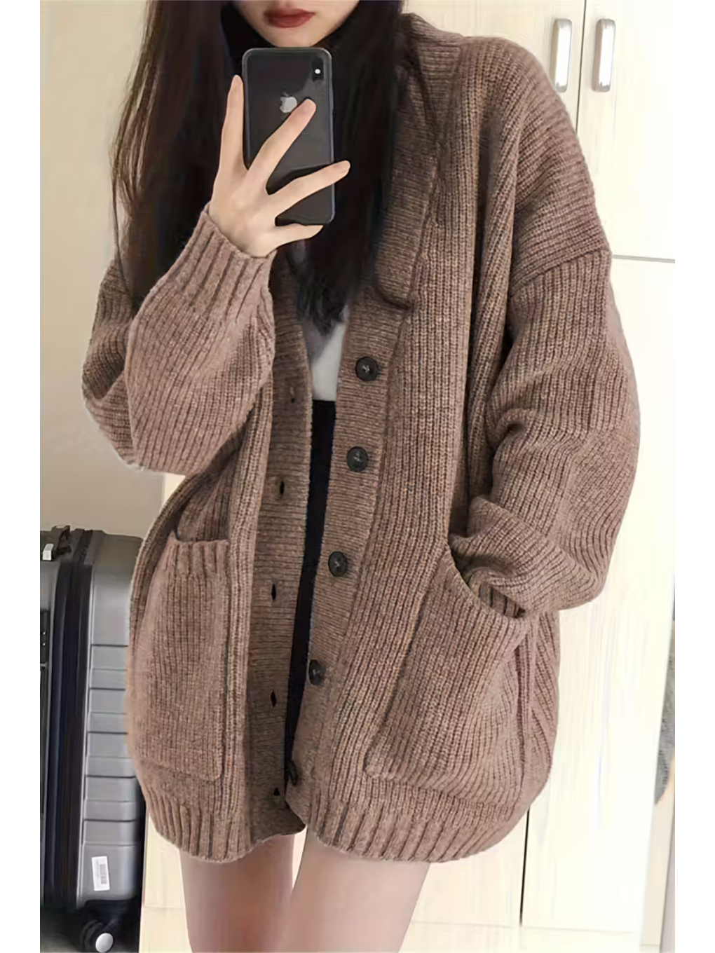 Ekru Kadın Krem Oversize Cepli Düğmeli V Yaka Triko Hırka-1