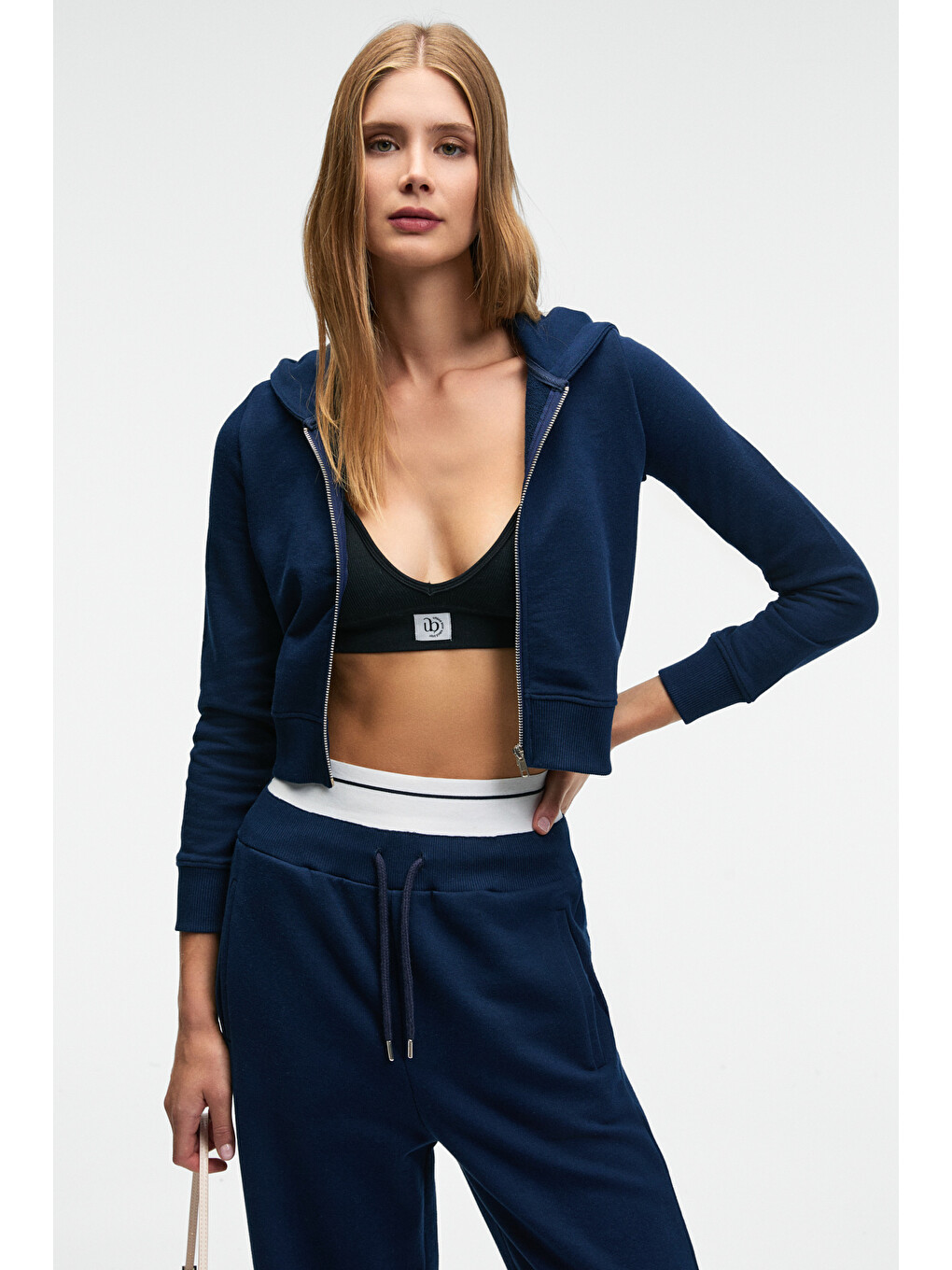 Cosıma Kadın Metal Fermuarlı Kapüşonlu Crop Lacivert Sweatshirt-1