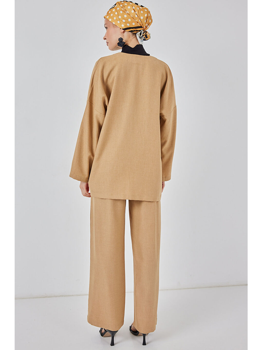 Bej Kadın Keten Kimono İkili Takım 6727 - Bisküvi-5