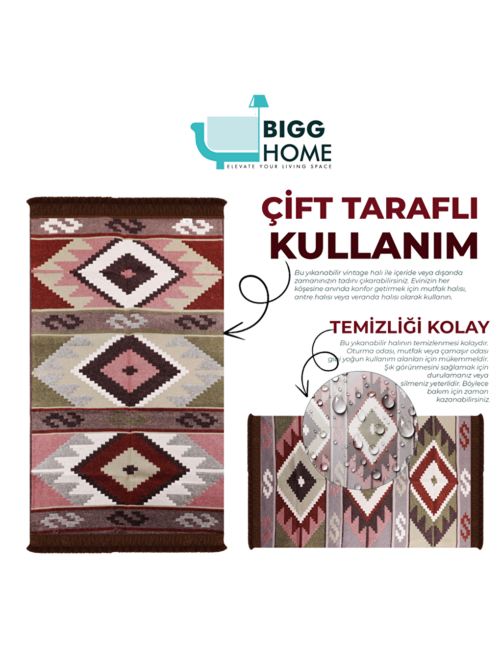 Karışık Çift Taraflı Kilim, Makinede Yıkanabilir, Modern Desenli, 80*150 cm, SA1583B-3