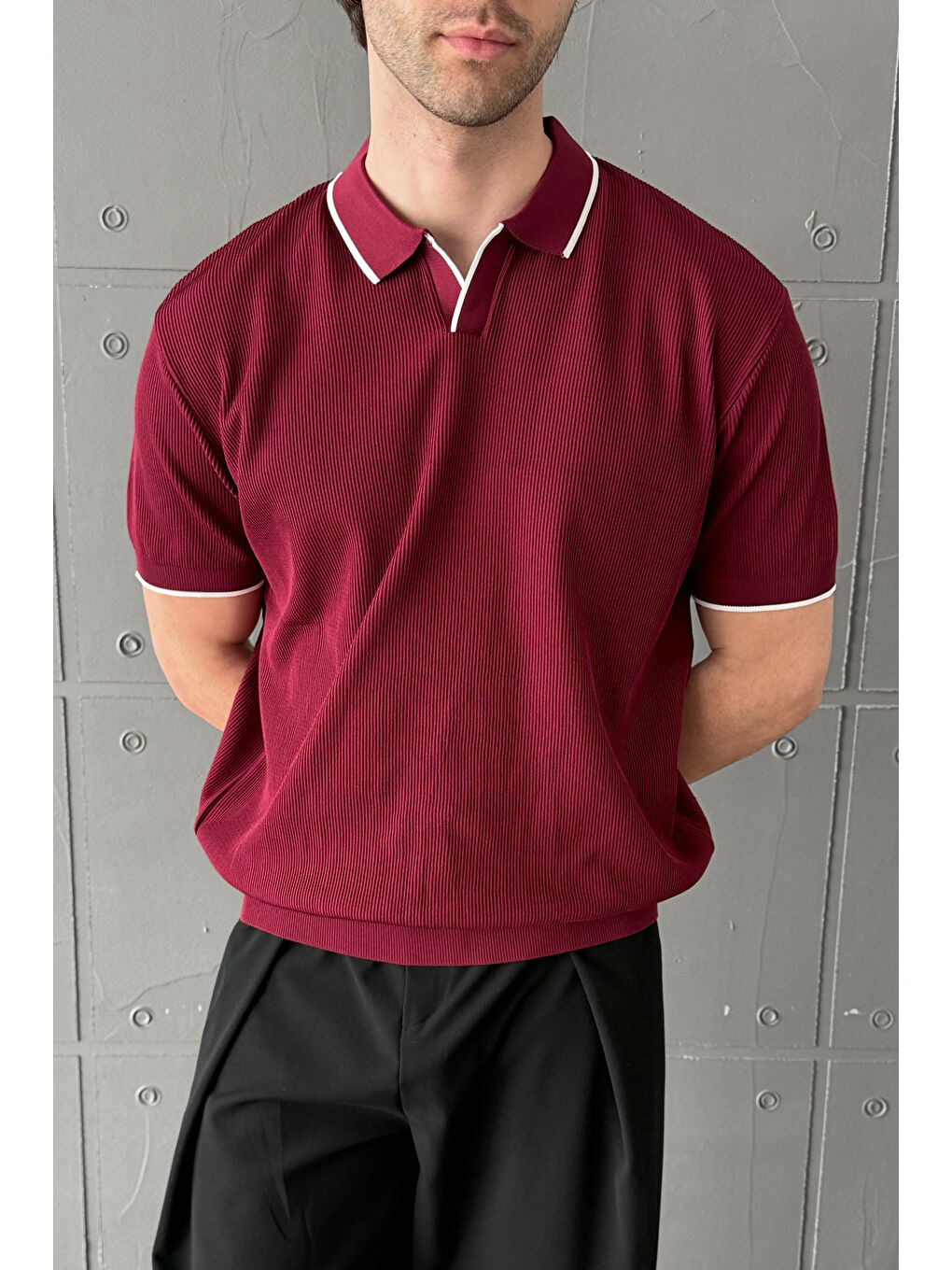 Bordo Erkek Oversize Selanik Polo Yaka Triko T-Shirt-4