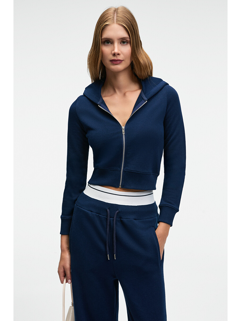 Cosıma Kadın Metal Fermuarlı Kapüşonlu Crop Lacivert Sweatshirt-2