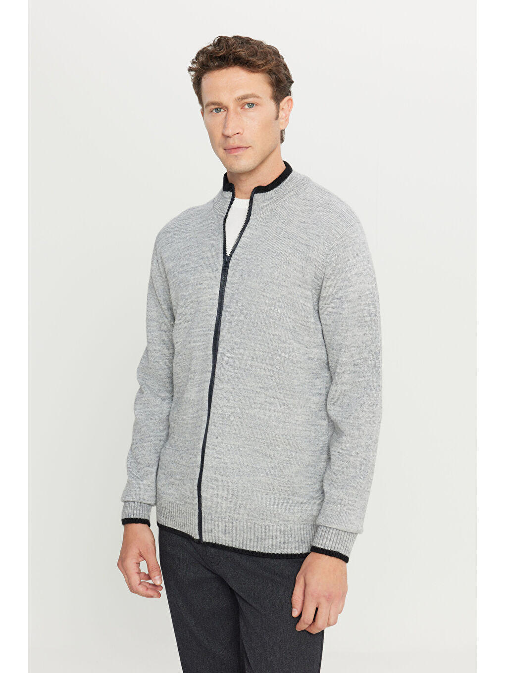 Erkek Gri Melanj Standart Fit Normal Kesim Dik Yaka Triko Ceket