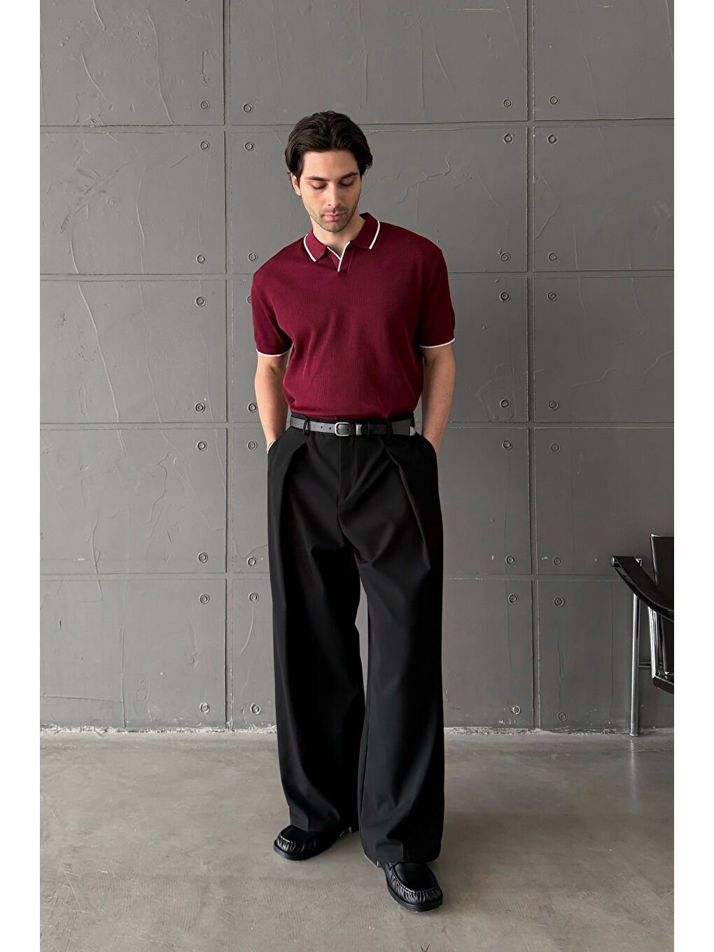 Bordo Erkek Oversize Selanik Polo Yaka Triko T-Shirt-5