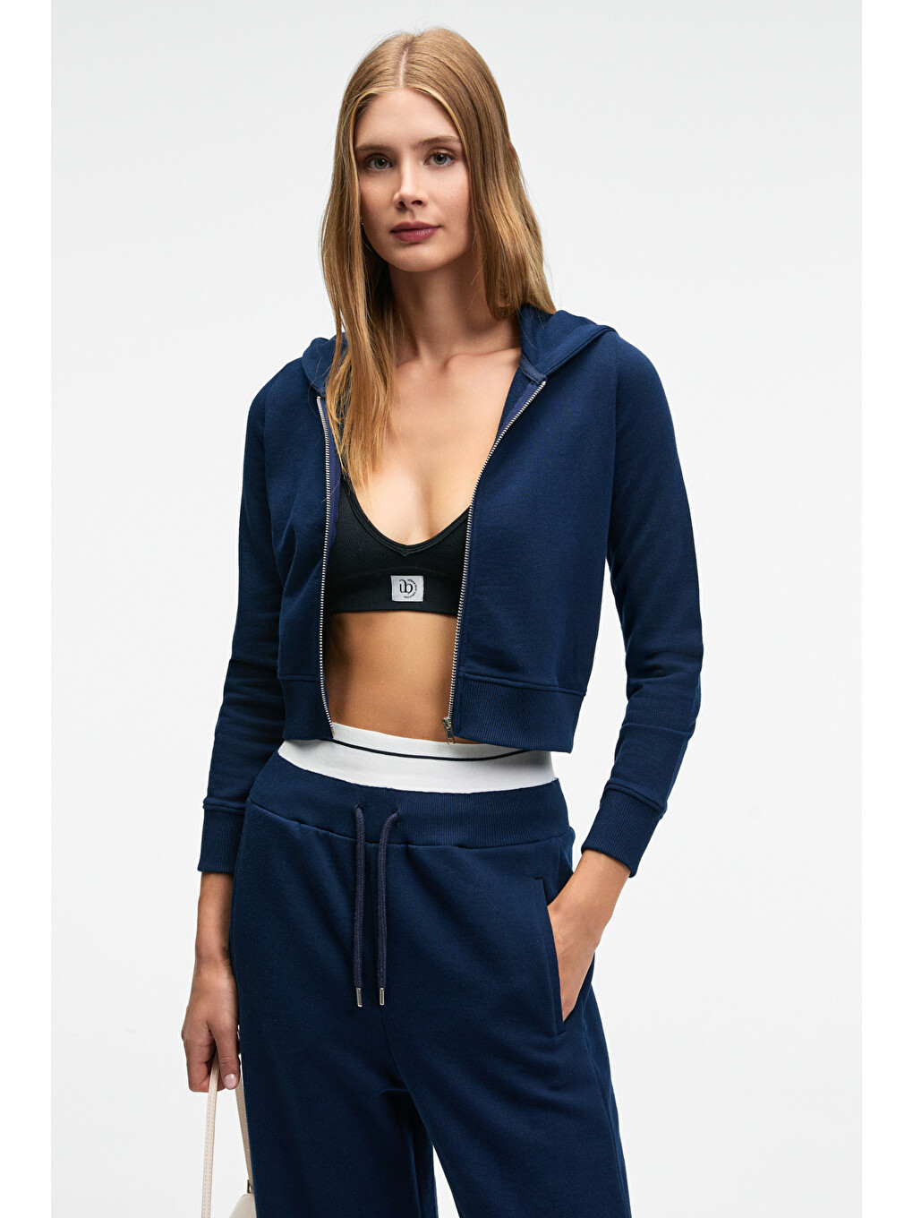 Cosıma Kadın Metal Fermuarlı Kapüşonlu Crop Lacivert Sweatshirt-3