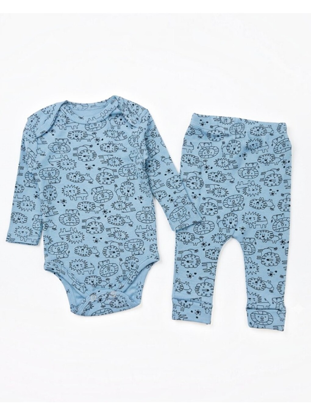 Mavi %100 Pamuk 0-3-6-9-12 Aylık Aslan Baskılı Çıtçıtlı Bodyli Pantalonlu 2'li Fitilli İnce Takım