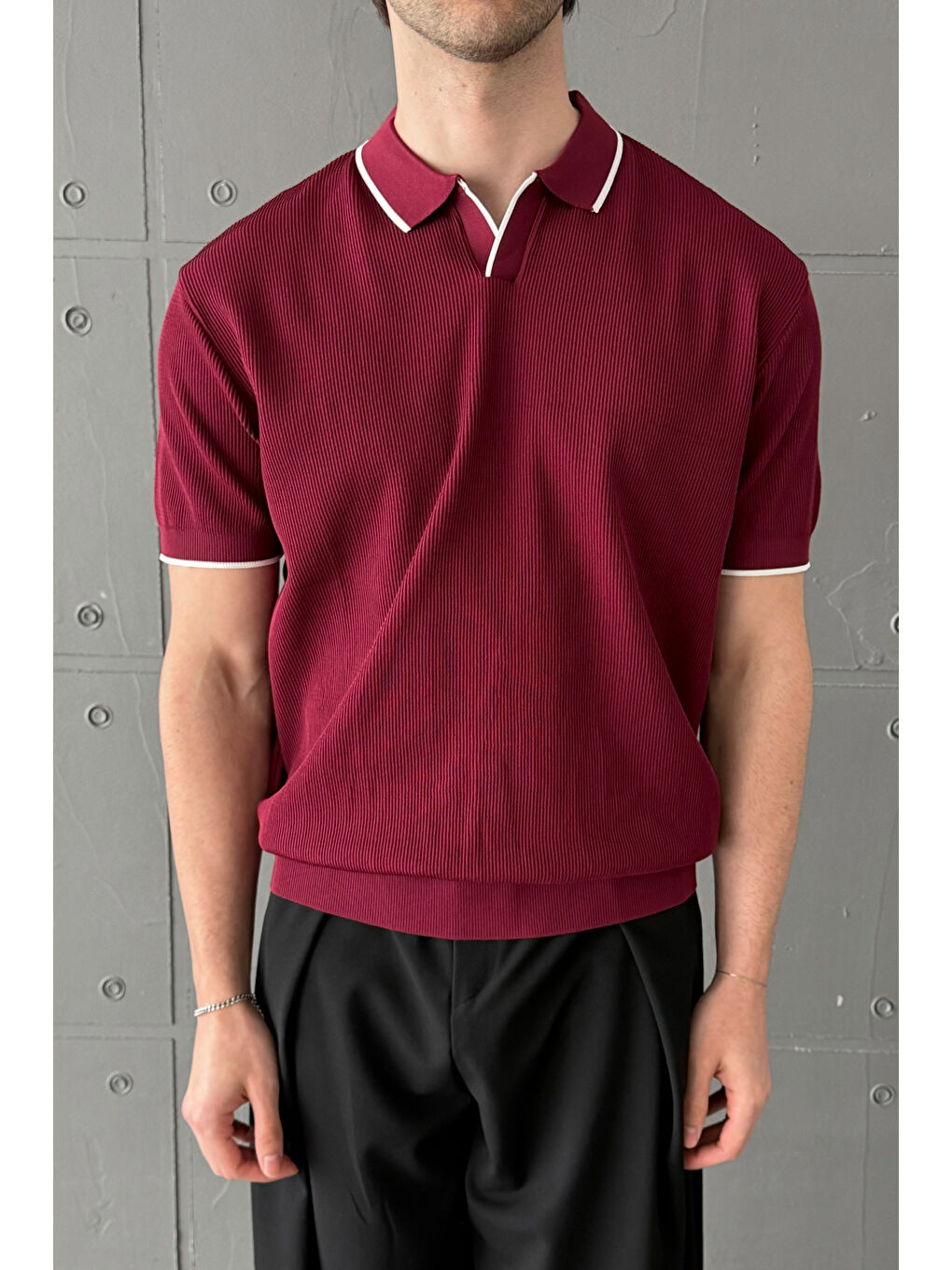 Bordo Erkek Oversize Selanik Polo Yaka Triko T-Shirt-6