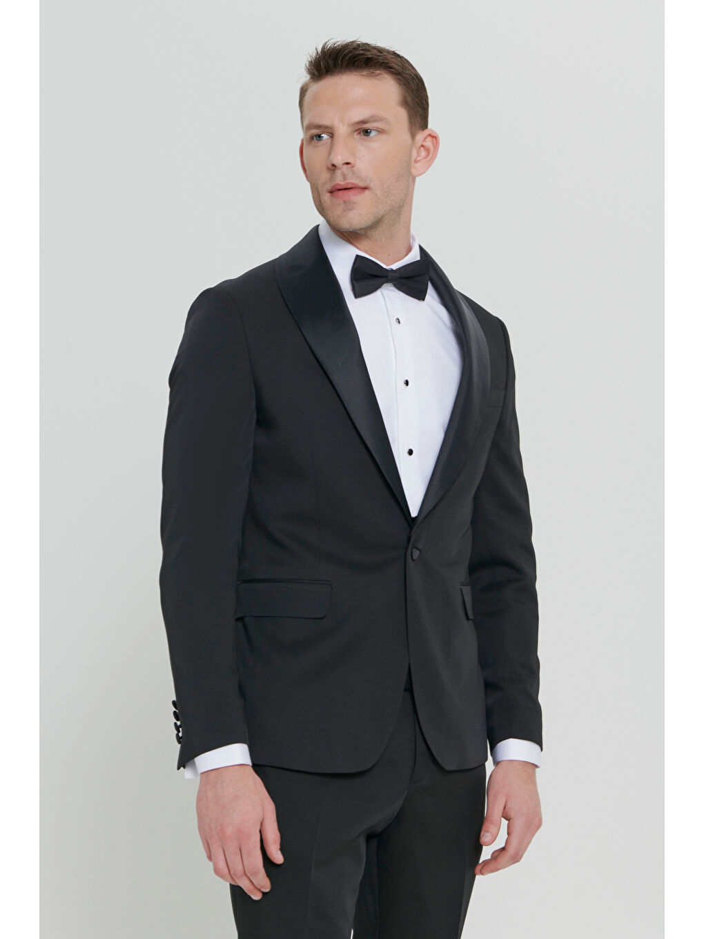 Erkek Siyah Slim Fit Dar Kesim Şal Yaka Armürlü Smokin Takım-10