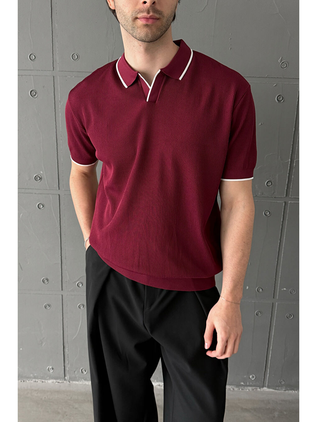 Bordo Erkek Oversize Selanik Polo Yaka Triko T-Shirt-7