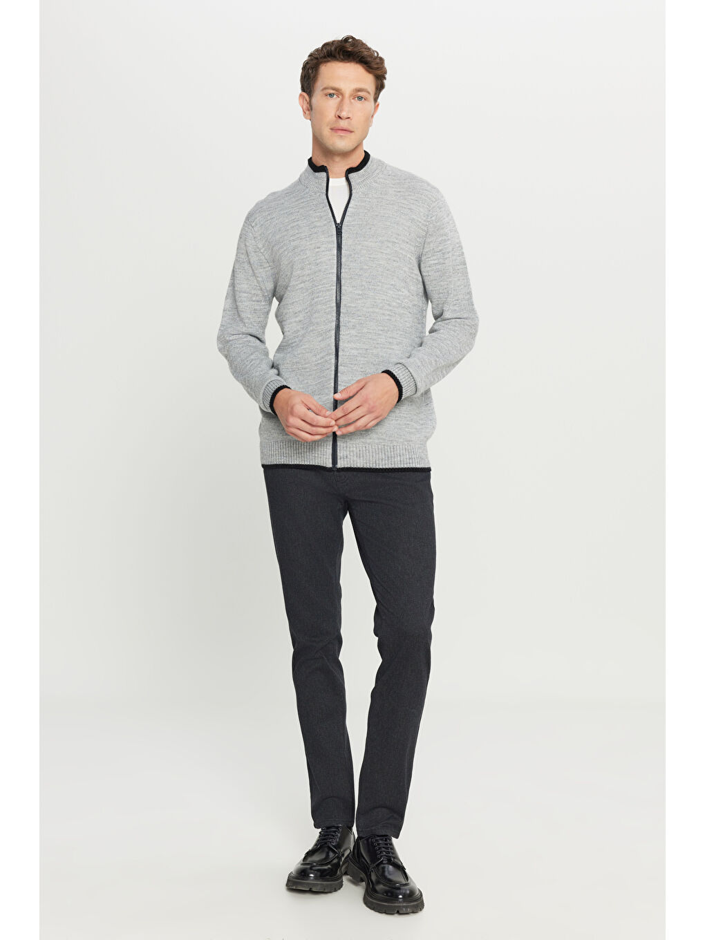 Erkek Gri Melanj Standart Fit Normal Kesim Dik Yaka Triko Ceket-1