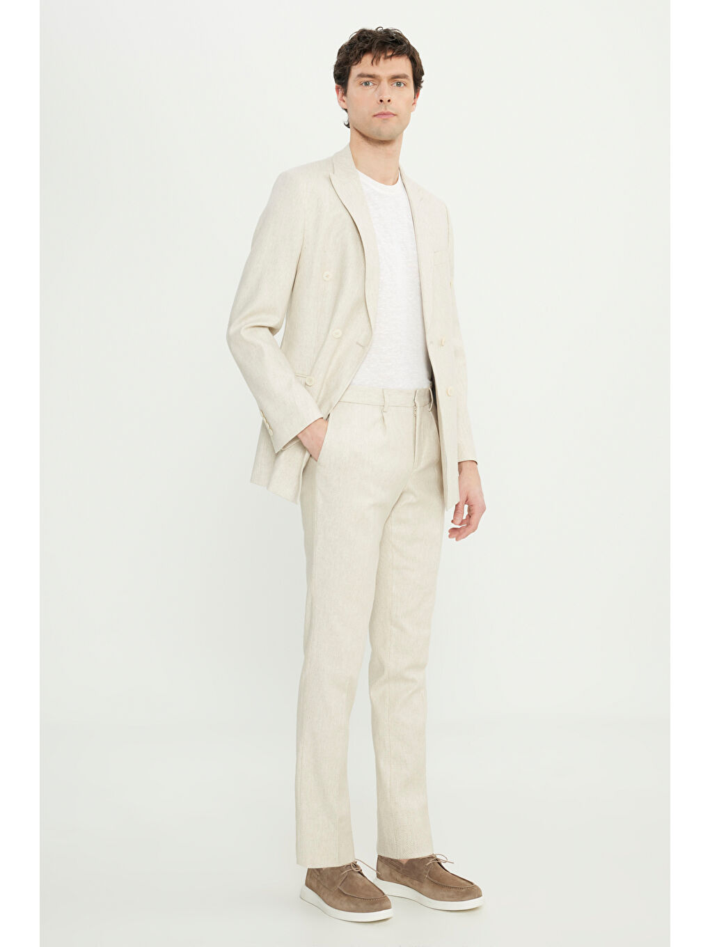 Erkek Bej Keten Slim Fit Dar Kesim Kırlangıç Yaka Desenli Torba Cepli Kruvaze Takım Elbise-1