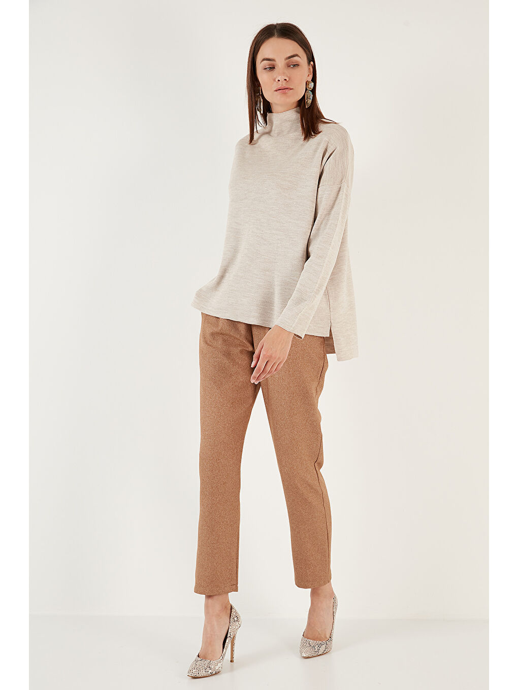 Bej Pamuklu Arkası Uzun Dik Yaka 2'li Paket Triko Kazak 4615002S2-3