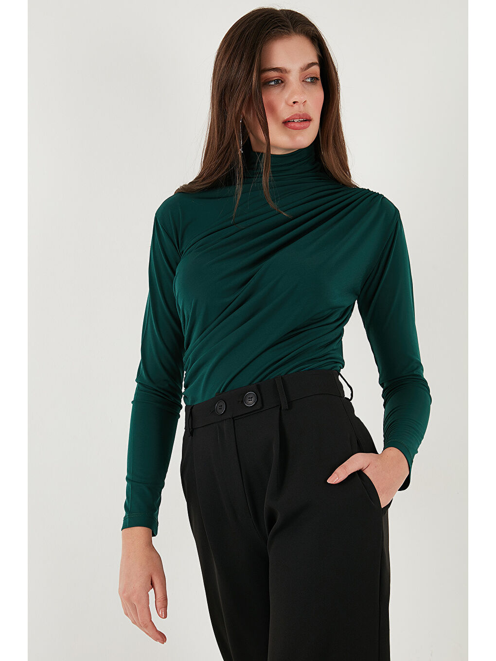 Yeşil Streç Büzgü Detaylı Slim Fit Dik Yaka Kadın Bluz 669925-5