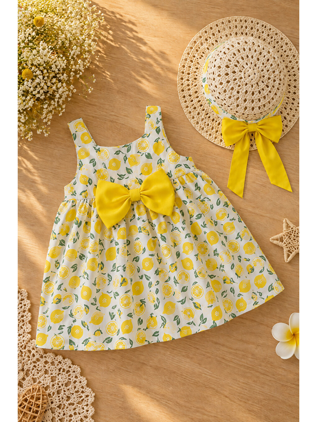Sarı Kız Bebek Çocuk Elbise Limon Desenli Fiyonk Detaylı Hasır Şapkalı Elbise (1-5) Yaş-4
