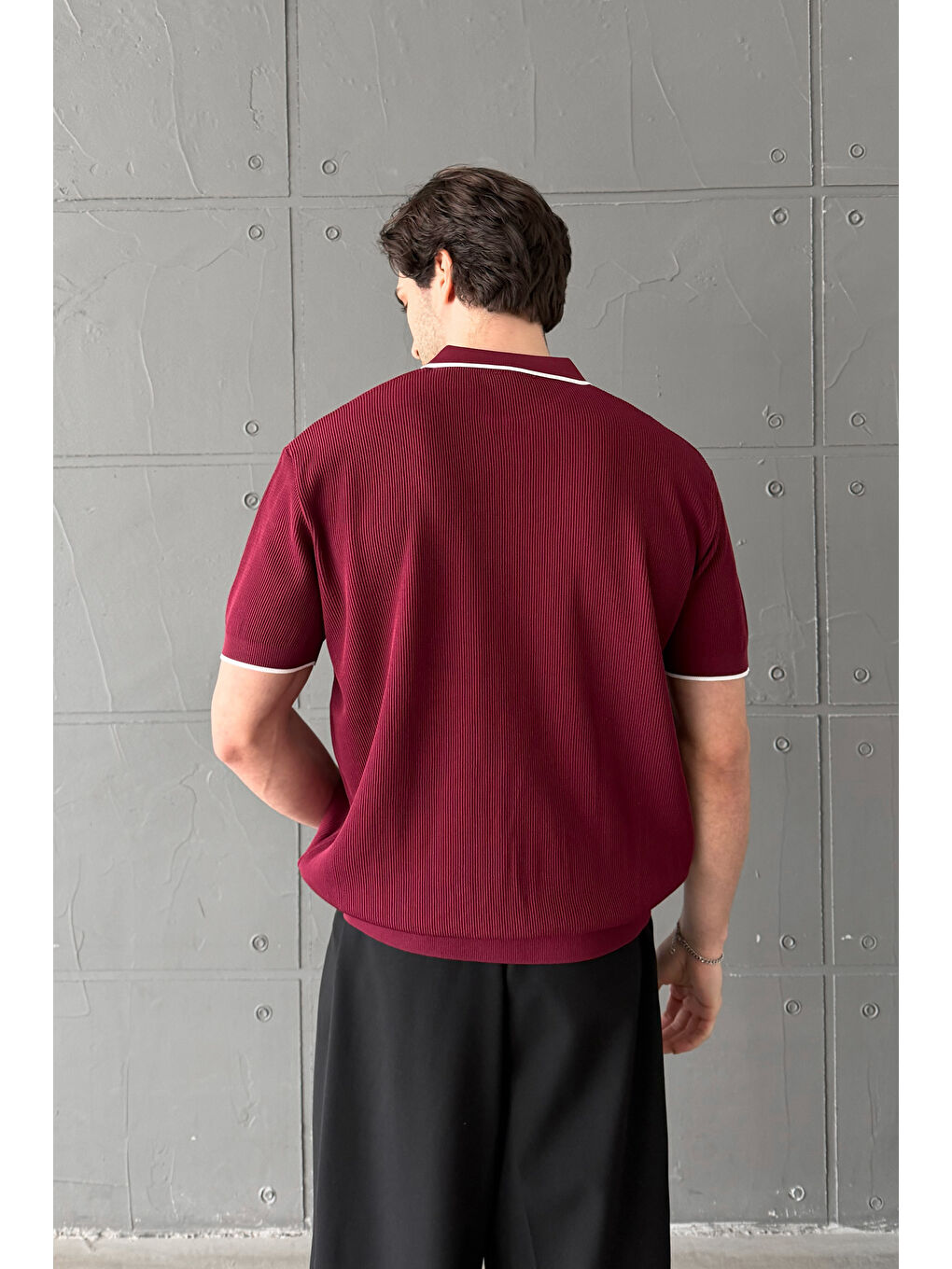 Bordo Erkek Oversize Selanik Polo Yaka Triko T-Shirt-8