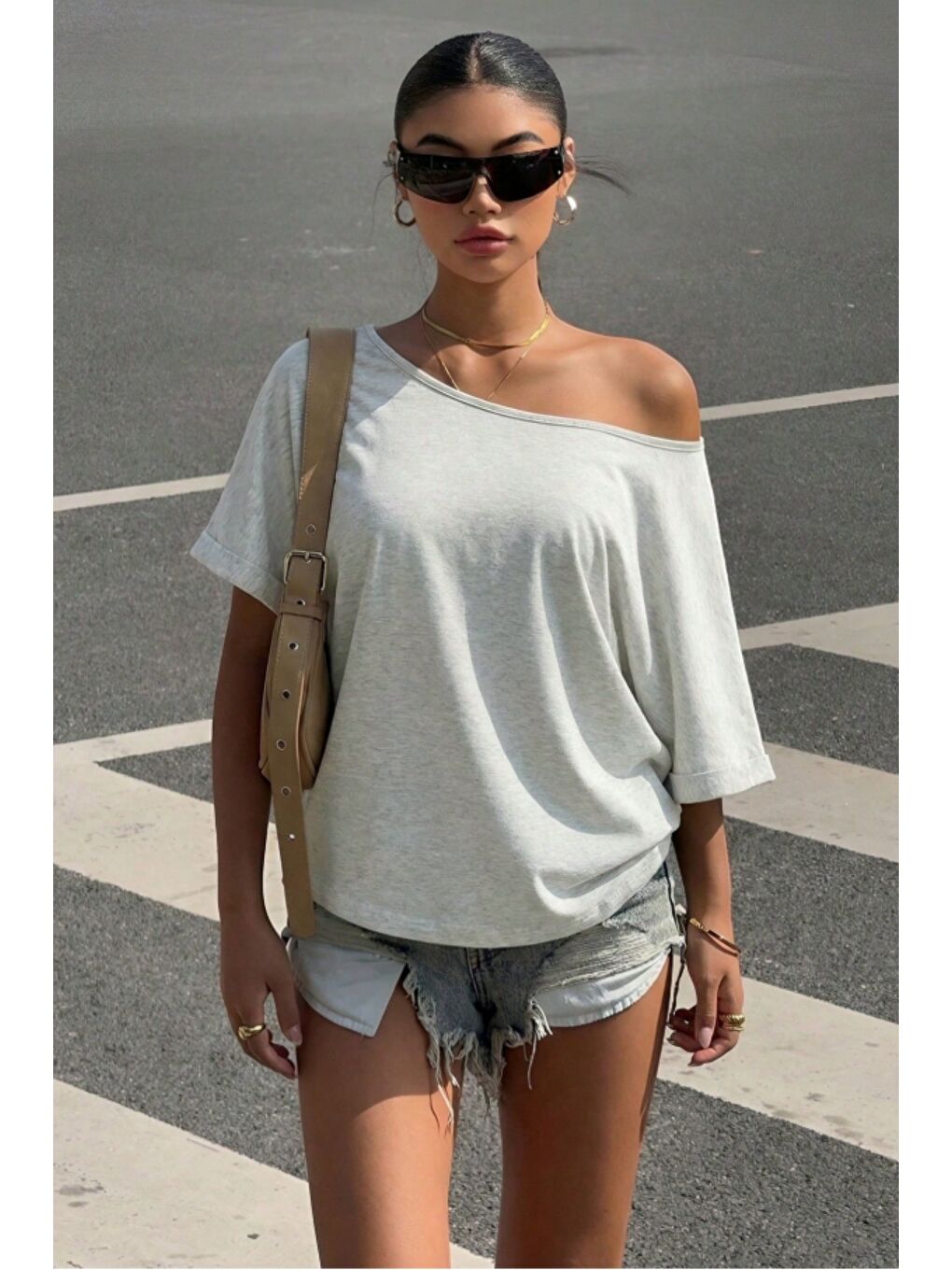 Gri Kadın Oversize Düşük Omuz Basic Tişört – Salaş Kesim Yazlık Rahat T-Shirt-1