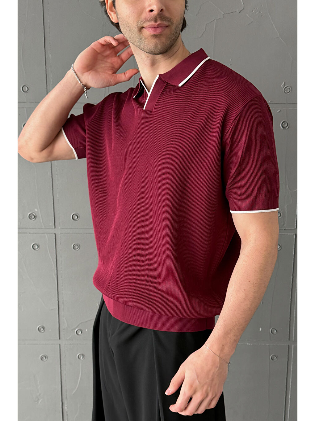 Bordo Erkek Oversize Selanik Polo Yaka Triko T-Shirt-9