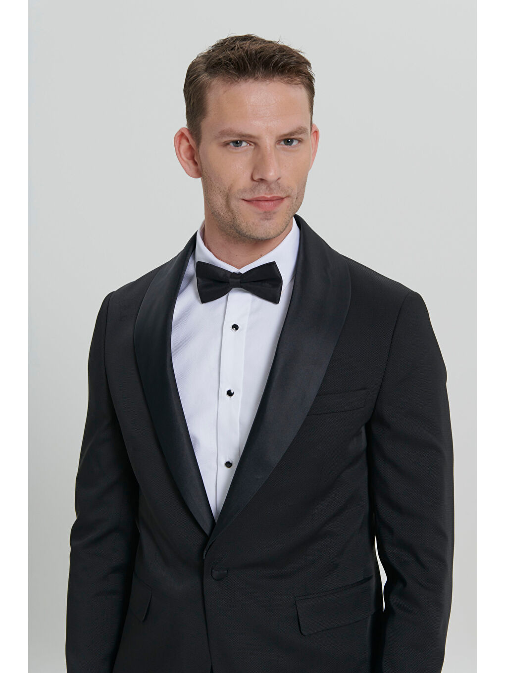 Erkek Siyah Slim Fit Dar Kesim Şal Yaka Armürlü Smokin Takım-11