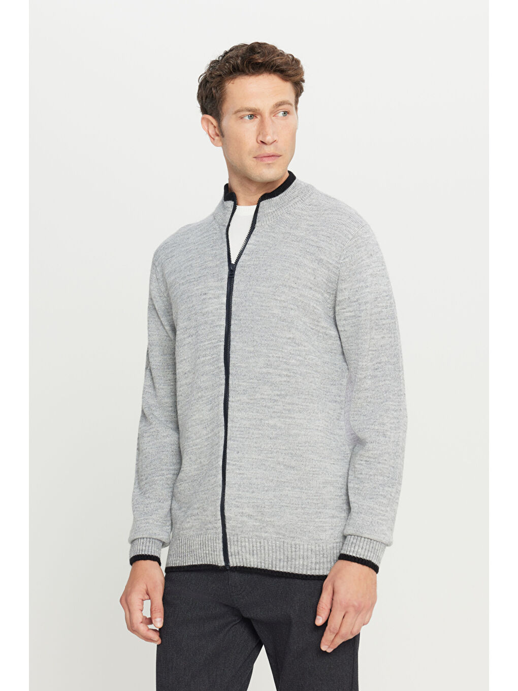 Erkek Gri Melanj Standart Fit Normal Kesim Dik Yaka Triko Ceket-2