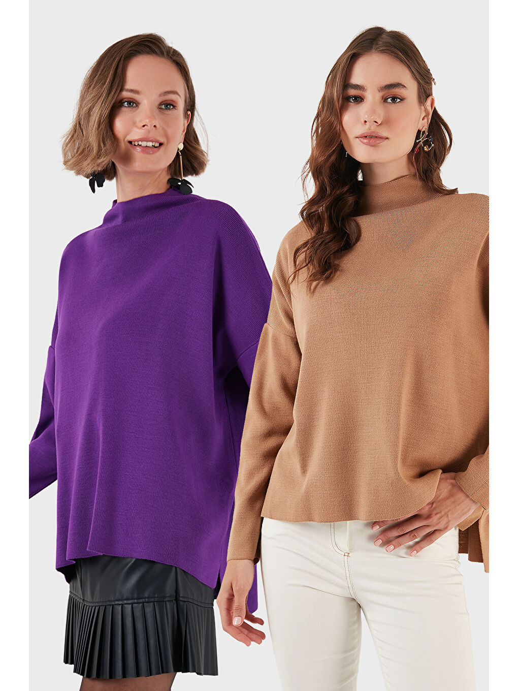 Mor Pamuklu Arkası Uzun Dik Yaka 2'li Paket Triko Kazak 4615002S2