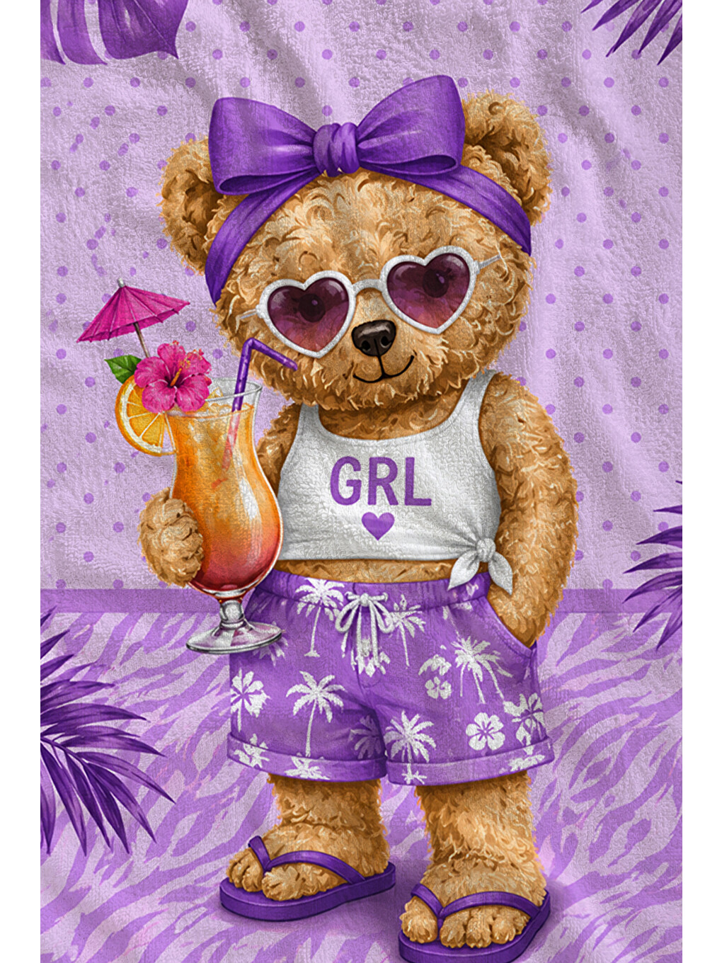 Pop Art Girl Yazılı Pembe Fiyonklu Ayıcık Desenli 70x150 Plaj Havlusu - Pamuklu Banyo Havlusu-2