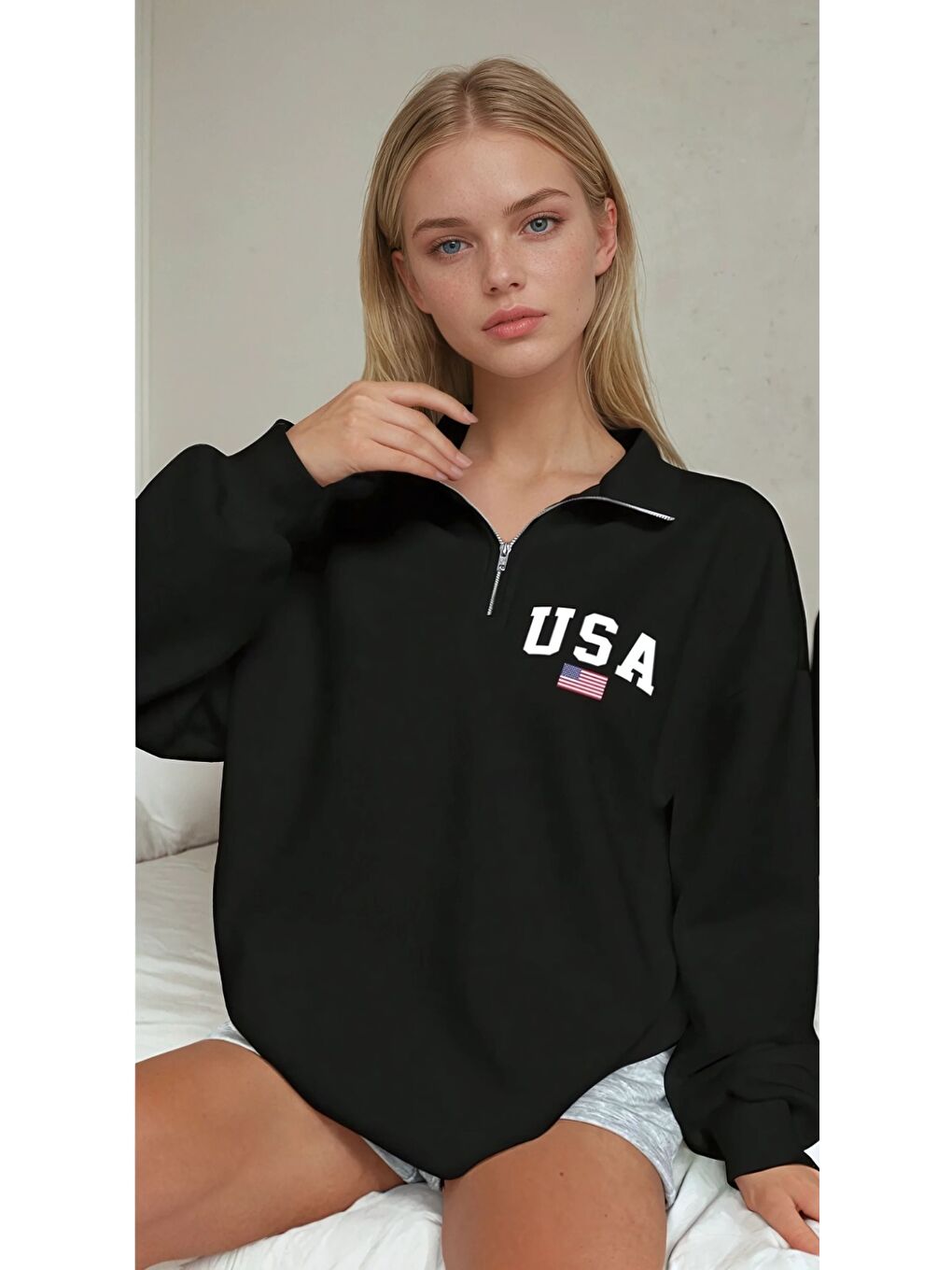 USA College Siyah Fermuarlı Oversize Sweatshirt