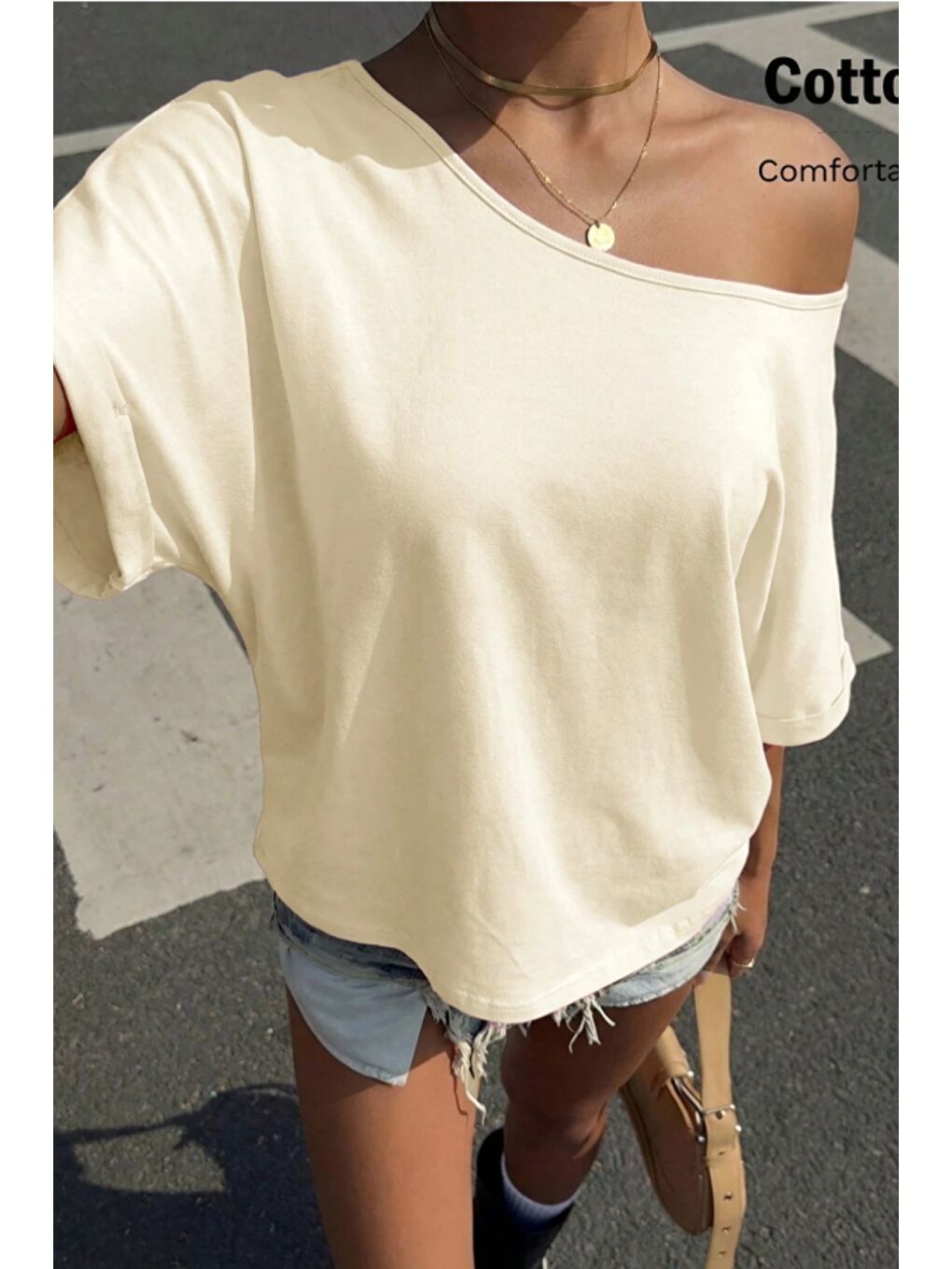 Ekru Kadın Oversize Düşük Omuz Basic Tişört – Salaş Kesim Yazlık Rahat T-Shirt