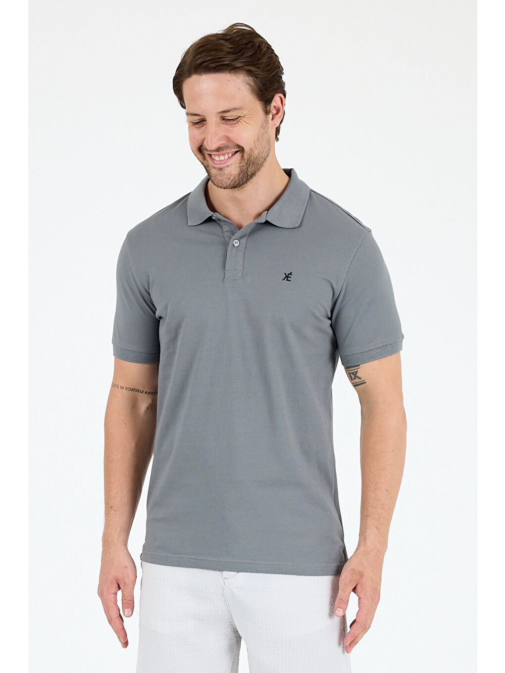 Gri Polo Yaka Kısa Kollu Pike Erkek %100 Pamuk Tişört