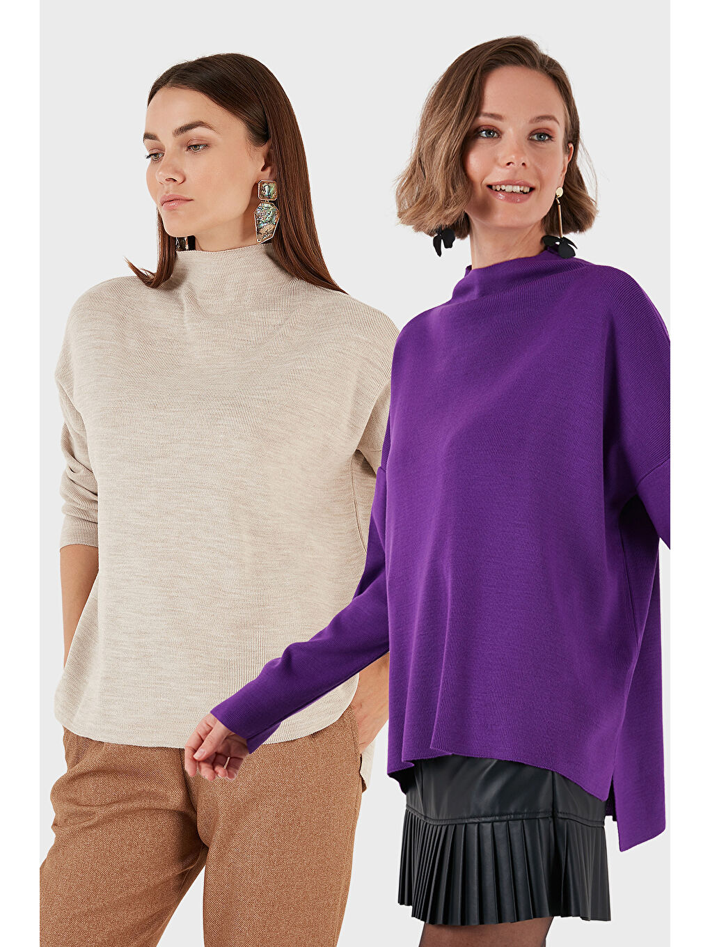 Mor Pamuklu Arkası Uzun Dik Yaka 2'li Paket Triko Kazak 4615002S2