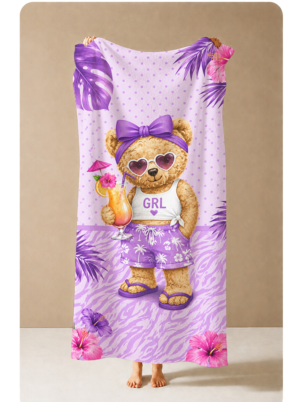 Pop Art Girl Yazılı Pembe Fiyonklu Ayıcık Desenli 70x150 Plaj Havlusu - Pamuklu Banyo Havlusu-4